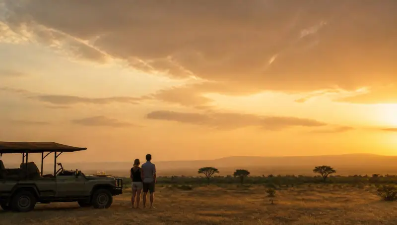 Paar bei einem Sundowner in der afrikanischen Savanne