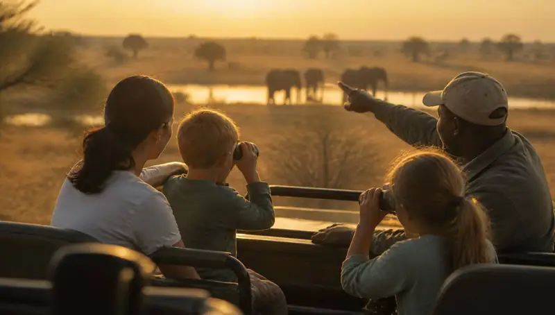 Familie bei einer Safari in Afrika mit Kindern und Guide